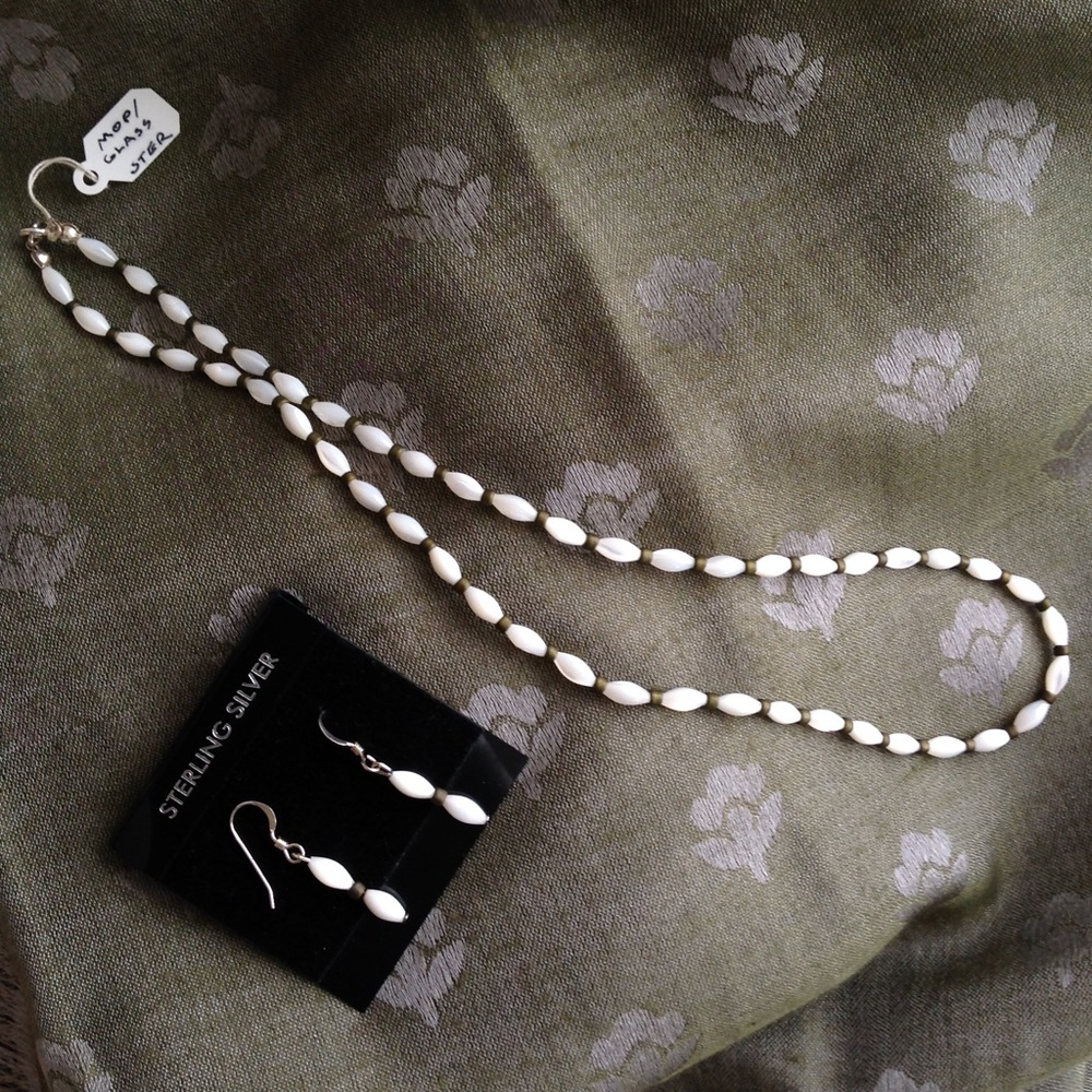 MOP glass bead necklace and earring set. NEW!